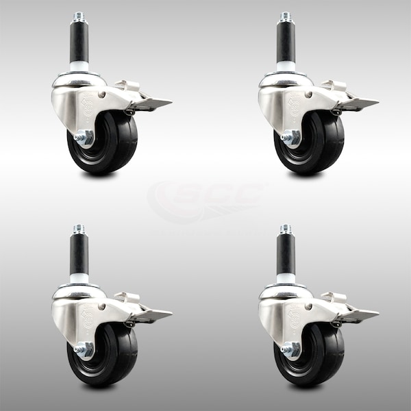3 Inch 316SS Hard Rubber Wheel Swivel 7/8 Inch Stem Caster Set Lock Brake SCC